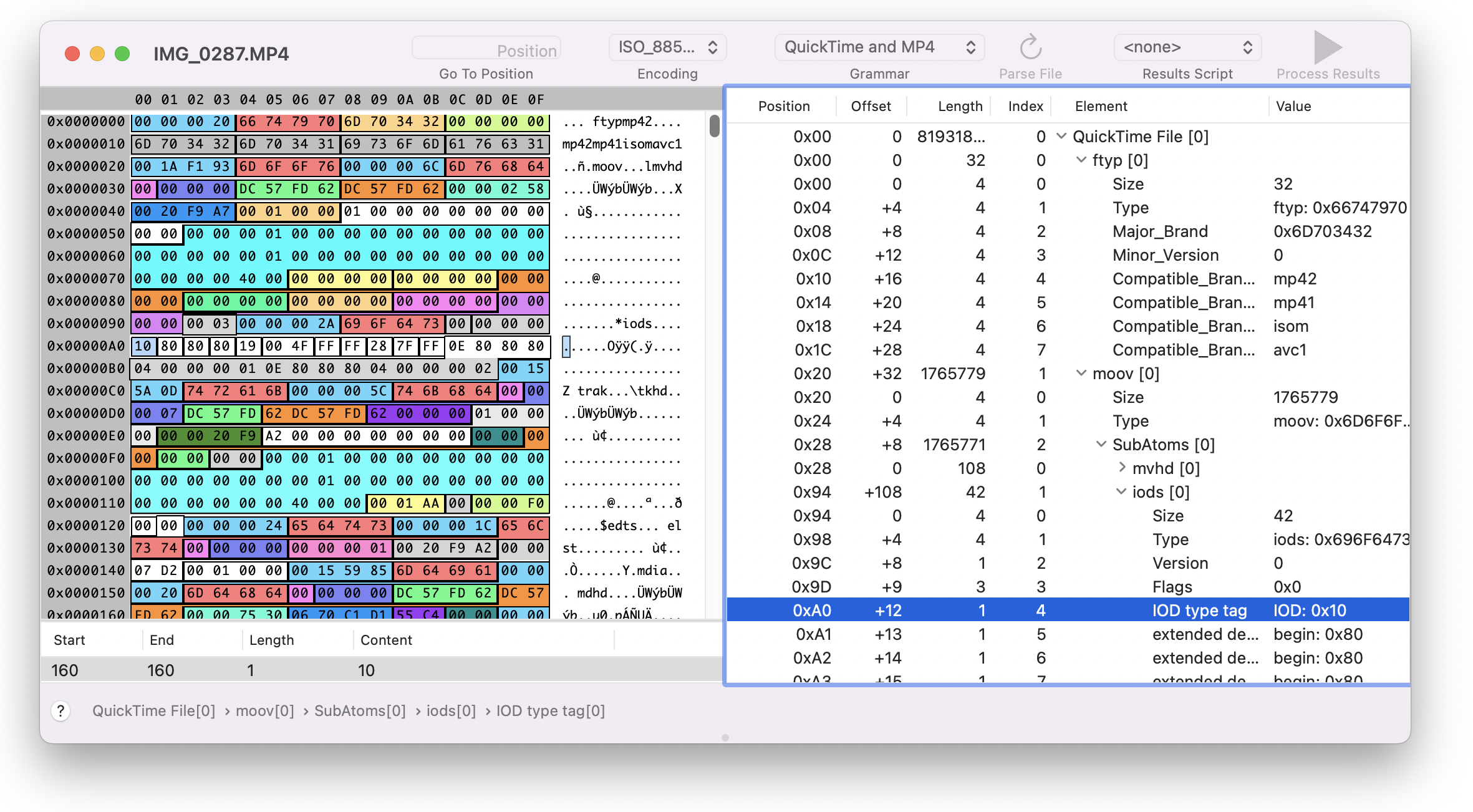 Hex editor with decoded MP4 file